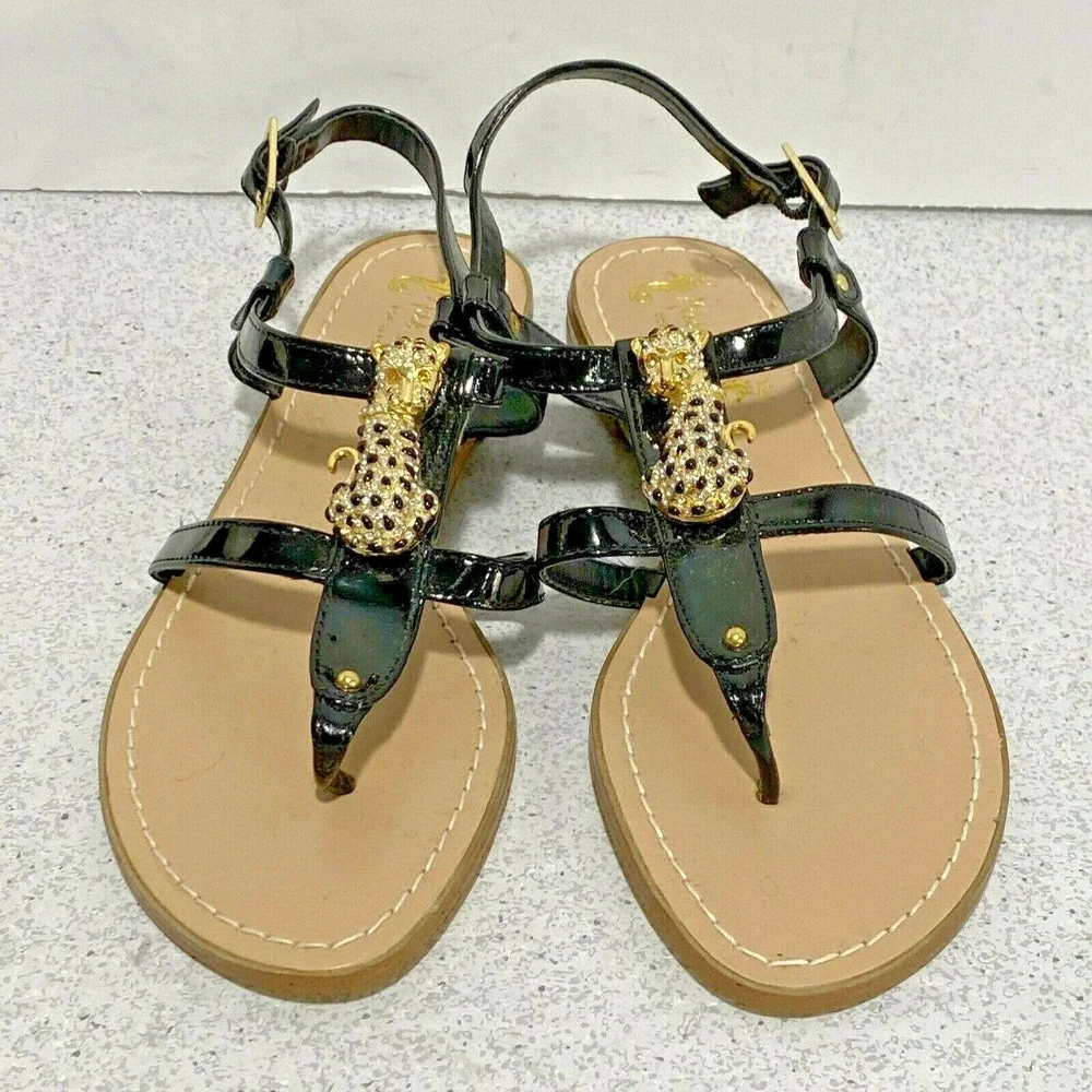 Miss Trish black patent flats sandals gold & black leopards embellished US 8M